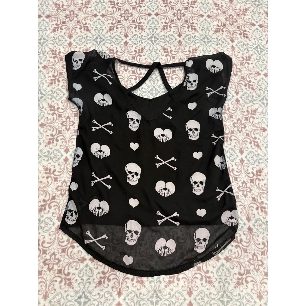 Hot Topic Skull Crossbones Hearts Sheer High Low Top Black Gothic Goth Medium